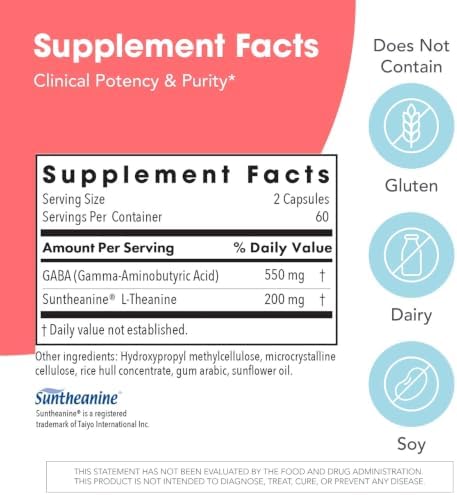 Allergy Research Group ARG 200 mg of Zen - Supports Calm and Stress Balance - Delivers 200 mg L-Theanine & 550 mg GABA per Serving - Vegetarian & Hypoallergenic - 60 Servings - 120 Capsules