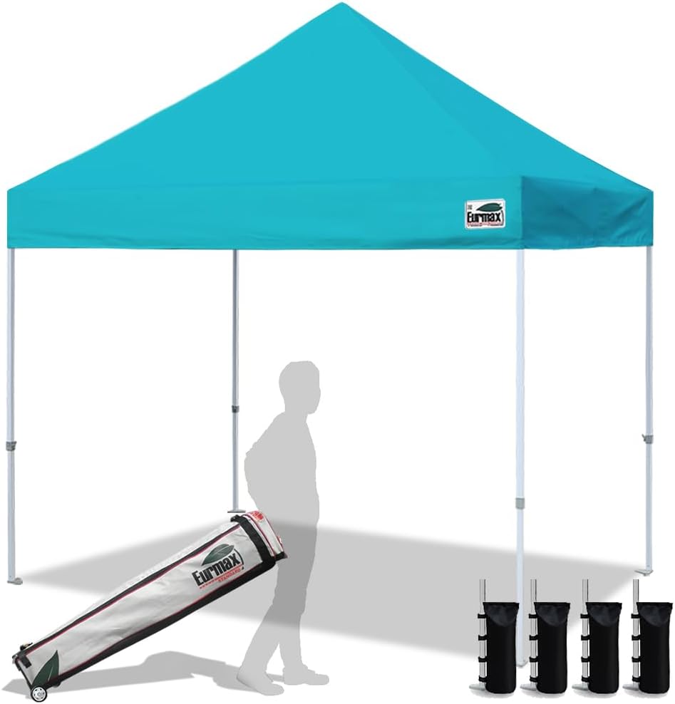 Eurmax USA 10x10ft Pop Up Canopy,Commercial Instant Tent for Outdoor Events,Patented No-Tip Rolling Storage Bag with 4 Sandbags,UV & Water Resistant,Heavy Duty Portable Shelter Gazebo,Black
