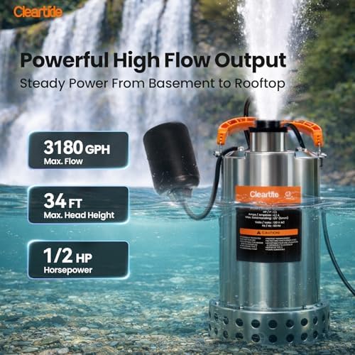 Stainless Steel Submersible Utility Water Pump, 3/4 HP 3780 GPH, Thermoplastic Portable Plug & Work, Ideal for Pool, Flooded Basement, Hot Tub, Pond & Garden Draining, 10 FT Cord