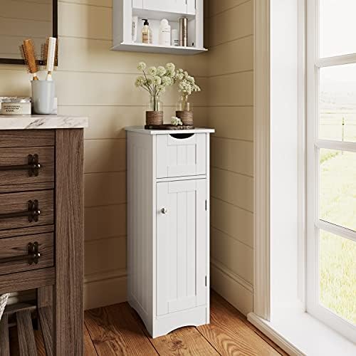 RiverRidge Ashland Slim Bathroom Storage Cabinet with Drawer, White | Inset Beadboard Panels, Narrow Medicine Cabinet, Linen Cabinet
