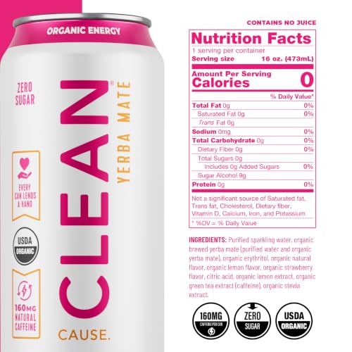 CLEAN Cause Zero Sugar Yerba Mate Organic Energy Orange Ginger, 12Pack 16oz