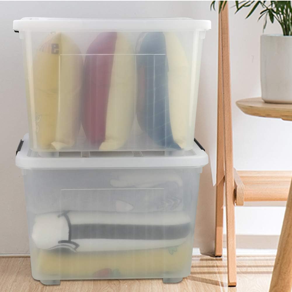 Clear Plastic Storage Bins with Wheels, 4-Pack Latch Boxes, 30 L
