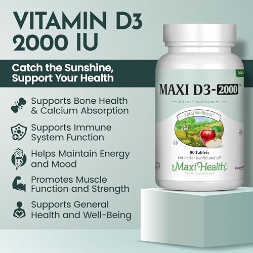 Maxi Health Kosher Vitamin D3 2000IU - Highly Absorbable Vitamin D Supplements for Healthy Immune Response, Calcium Absorption, Teeth & Bone Health - D3 Vitamin 2000 IU -180 Tablets