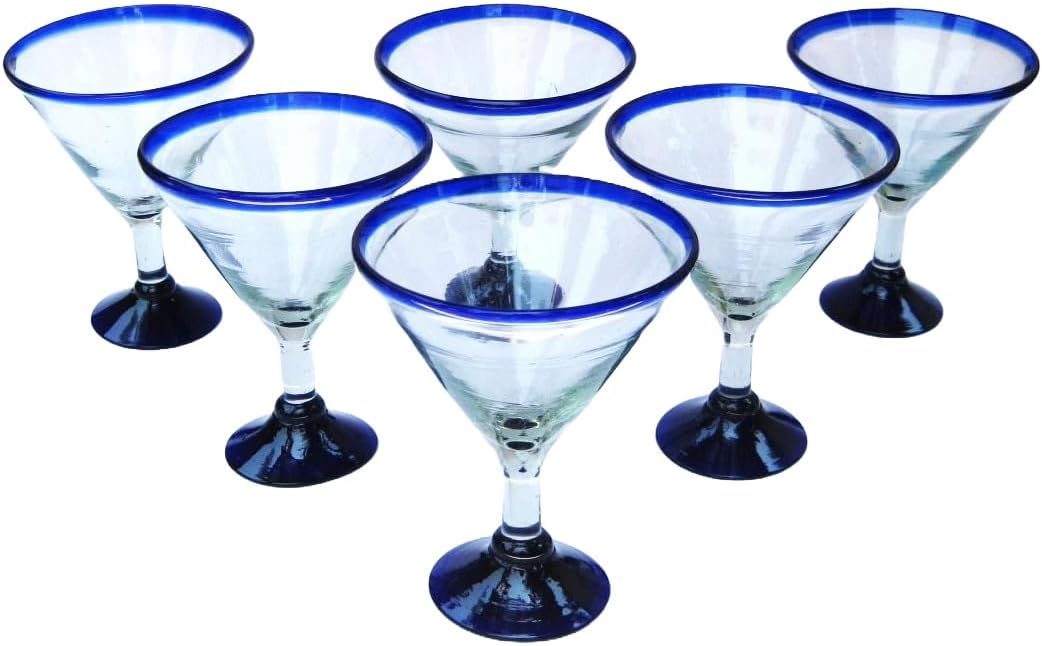 Cobalt Blue Rim 10 oz Martini Glasses (set of 6), Recycled Glass, Lead-free, Toxin-Free