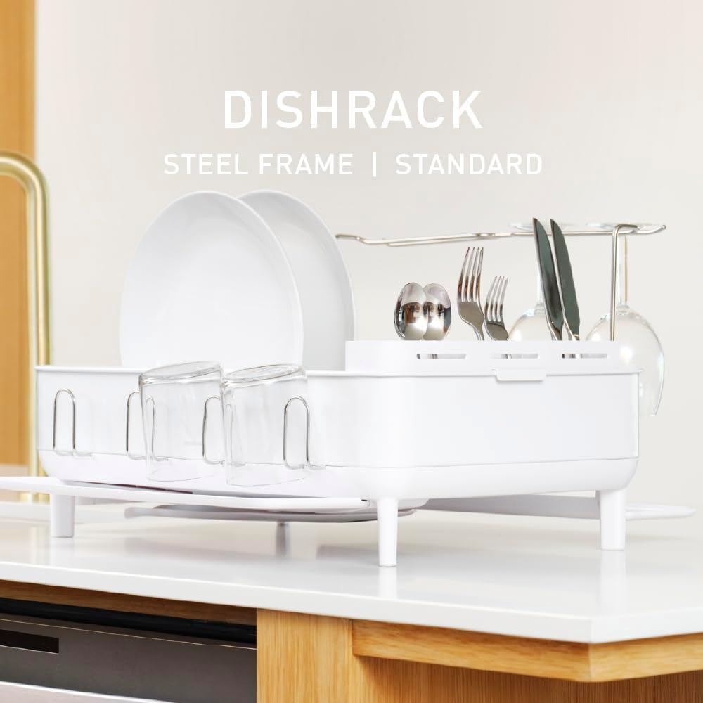 simplehuman Steel Frame Dishrack, Large Capacity Dish Drying Rack, 360º Easy Drain Swivel Spout, Utensil & Wine Glass Holder, Anti-Residue Coating