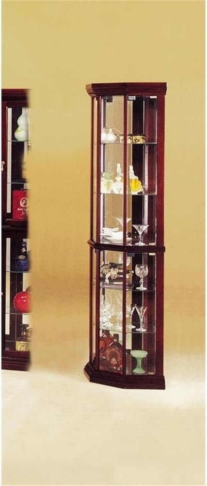 Acme Corner Curio Cabinet with 4 Glass Door with 5 Shelves. Wooden Frame & Mirrored Back, 16" L x 16" W x 71" H, Easy Assembly, Cherry Finish
