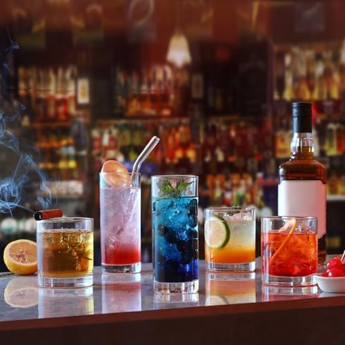 [ 12 Pack ] Glass Cups with Glass Straws, 12oz Highball & Rock Drinking Glasses, Everyday Drinkware Glasses Set, Cute Tumbler Cup