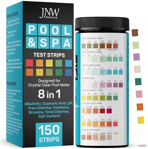 Pool Test Strips for Pools and Spas - 7 in 1 Water Test 100 Pack | Includes 100 pool test strips that measure chlorine, bromine, pH, alkalinity, hardness and cyanuric acid in 30 seconds.