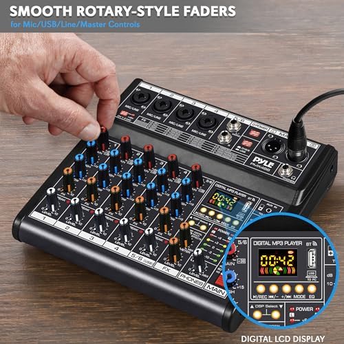 Pyle Professional Bluetooth DJ Audio Mixer - 6-Channel DJ Controller Sound Mixer w/DSP 16 Preset Effects, USB Interface, 4 XLR Mic/Line Input, AUX