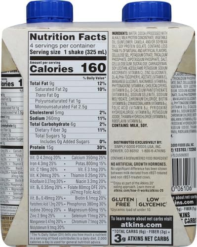 Atkins Dark Chocolate Royale Protein-Rich Shake. Rich and Creamy with Protein. Keto-Friendly and Gluten Free. (4 Shakes), 11 Fl Oz