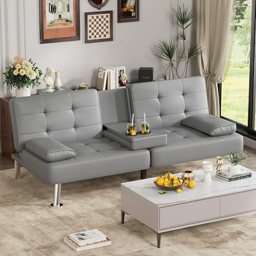 JUMMICO Faux Leather Futon Sofa Bed, Sleeper Sofa with Adjustable Backrest