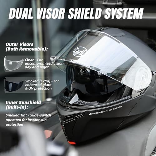 CYRIL Modular Motorcycle Helmet DOT Approved, Flip Up Full Face for Adults | Intercom ready, glasses friendly design with dual visors, extra smoke shield and carrying bag for street riding