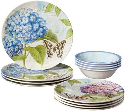 Hydrangea Garden 12 pc Melamine Dinnerware Set, Service for 4