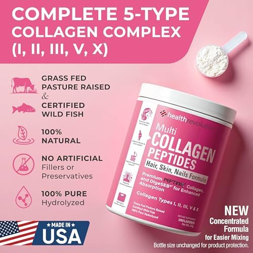 Multi Collagen Peptides Powder – Types I, II, III, V, X, Hydrolyzed Collagen for Women, 99% Absorption, Skin Hair Nails Joints