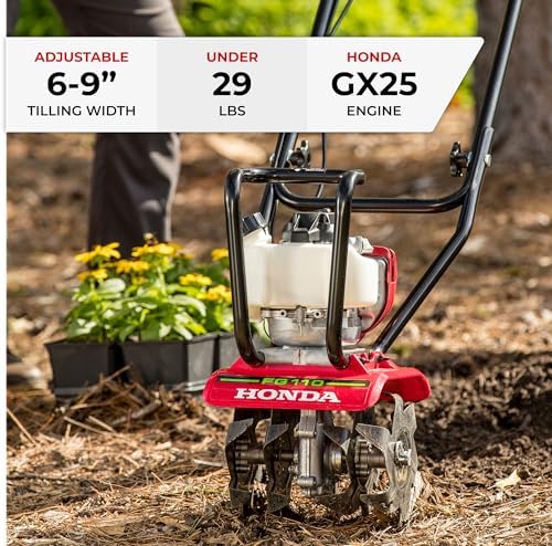 Honda FG110 Mini Tiller Cultivator (FG110KiAT) | 6- to 9-Inch Tilling Width, Break New Ground or Prep Soil, Gas Engine, Adjustable Depth Bar