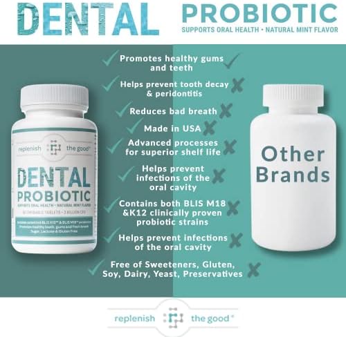 Dental Oral Probiotic, 60 Chewable Tablets - Supplements w/BLIS K12 & M18 - Bad Breath Treatment for Adults - Boosts Oral Health - Fights Halitosis, Tooth Decay, Strep Throat (Mint Flavor)