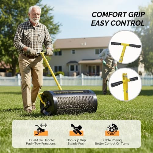 VINGLI Compost Spreader, 24 inch Peat Moss Spreader with Height Adjustable Handle, T Shaped Handle Peat Moss Roller, Seed Spreader for Lawn Backyard Outdoor (24"-Black & Yellow)