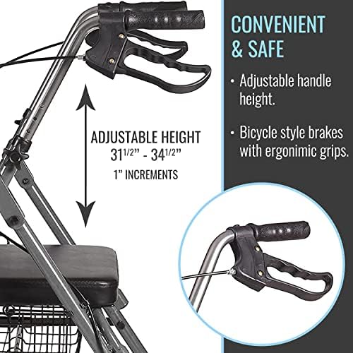 DMI Ultra Lightweight Folding Aluminum Hemi Rollator with Padded Seat, Basket and Adjustable Handle Height, Mobility Walker, Easily Fords