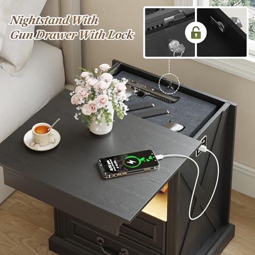 Dystler Nightstand with Hidden Gun Safe Drawer, Charging Station & LED Lights