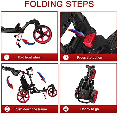 KVV 3 Wheel 360 Rotating Front Wheel Golf Push Cart Open and Close in ONE Second-Free Umbrella Holder Included