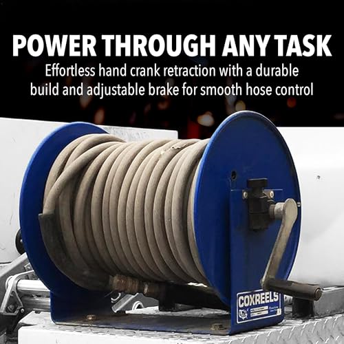 Coxreels 112-3-100 Hand Crank Hose Reel - Heavy-Duty Steel Frame for Stability - Adjustable Tension Brake for Controlled Operation- Fits 3/8 x 100 ft Hose - 12 x 18.25 x 13 inches