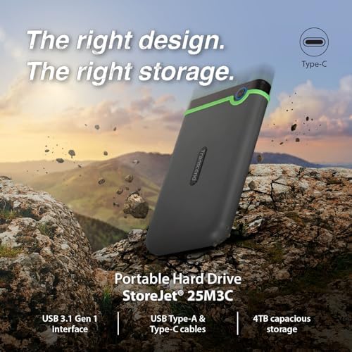 Transcend 4TB StoreJet 25M3 Rugged Portable HDD, One Touch Backup