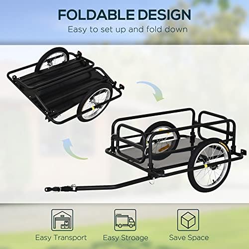 Aosom Bike Trailer Foldable Bicycle Trailer16 Inch Pneumatic Tire Black | Universal Coupler, Foldable Frame, Safe Reflectors Design