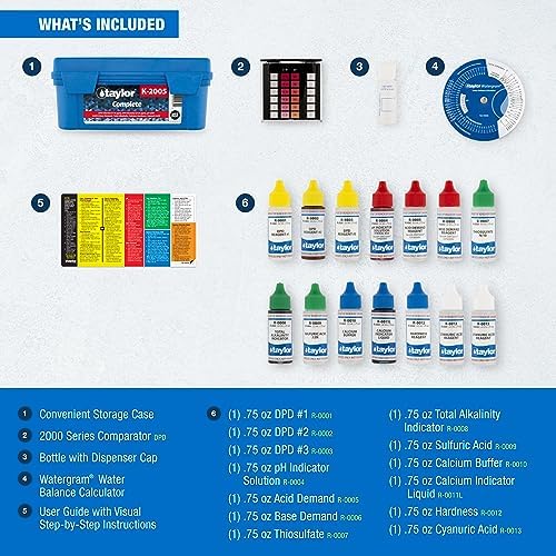 Taylor Technologies K-2005 DPD, 9-in-1 Complete Pool Test Kit for Free & Total Chlorine, Total Bromine, pH, Acid & Base Demand, Total Alkalinity