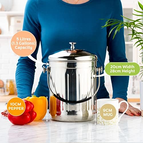 RED FACTOR Premium Compost Bin for Kitchen Countertop - Stainless Steel Food Waste Bucket with Innovative Dual Filter Technology - Includes Spare