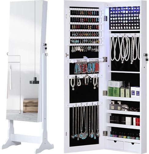 GISSAR Jewelry Organizer Full Length Mirror Jewelry Cabinet Standing/Wall/Hanging Door Jewelry Armoire Storage with Lights, Lockable, White