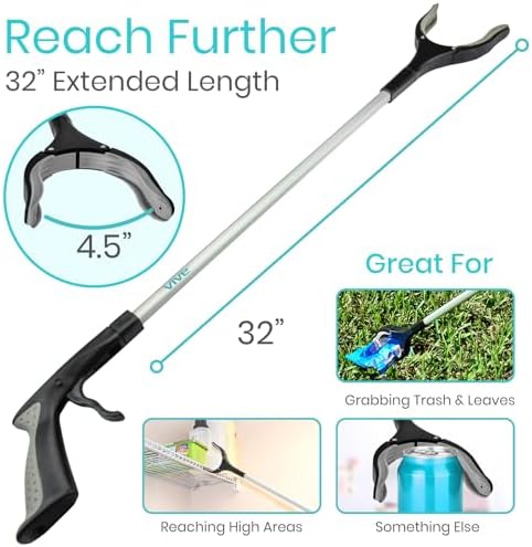 Vive Reacher Grabber 32" - Extra Long Mobility Aid - Rotating Hand, Heavy Duty Grip Arm - Reaching Assist Tool for Trash Pickup, Litter Picker, Garden Nabber, Disabled, Handicap Arm | Duty Grip Arm - Reaching Assist Tool for Trash Pickup, Litter Picker,…