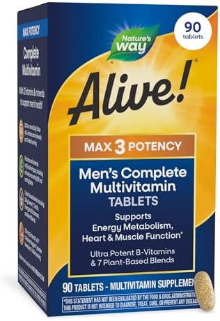 Nature's Way Alive! Men’s Max3 Potency Daily Multivitamin, 90 Tablets | High Potency Multivitamin for Men with B-Vitamins for Cellular Energy*, Supports Heart, Muscle and Eye Health*