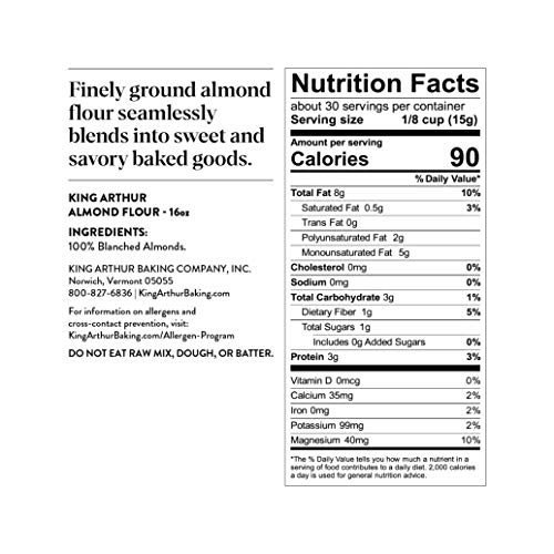 King Arthur, Almond Flour, Certified Gluten-Free, Non-GMO Project Verified, Certified Kosher, Finely Ground, 16 Ounces, 4 Count