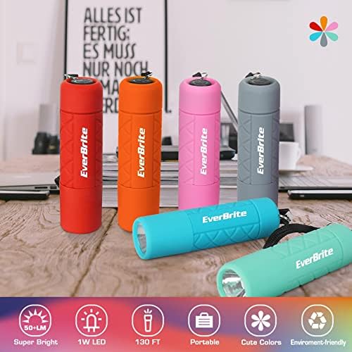 EverBrite Mini Flashlights 6-Pack Mix Colors, Batteries Included | Small, Lightweight, 18 AAA Batteries, 6-Color Set, 9-LED, Wrist Lanyards, for Home, Camping & Emergency use, Holiday Gifts