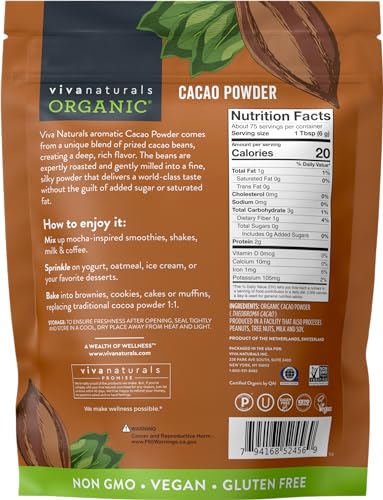 Organic Cacao Powder, Unsweetened, 1 lb (454 g) – Rich Dark Chocolate Flavor, Perfect for Baking, Smoothies & Hot Chocolate – Vegan, Keto, Paleo, Non-GMO & Gluten-Free Cocoa Powder