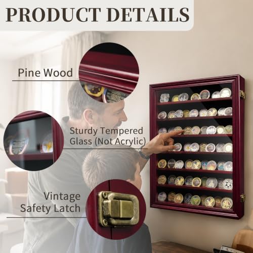 ASmileIndeep 7 Rows Military Challenge Coin Holder Display Cabinet Wall Mount with HD Tempered Glass, Holds 100 Coins, Wooden Medal Display Case Shadow Box with Removable Shelves, Mahogany
