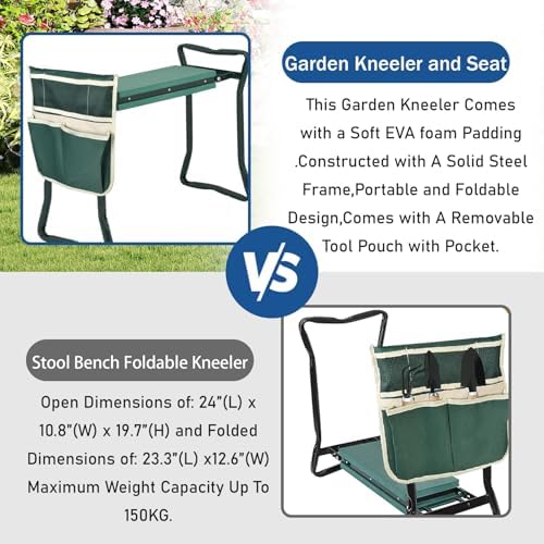WFLNHB Garden Kneeler and Seat Stool Bench Foldable Kneeler Portable Garden Folding Stool with Tool Pouch and Soft Kneeling Pad