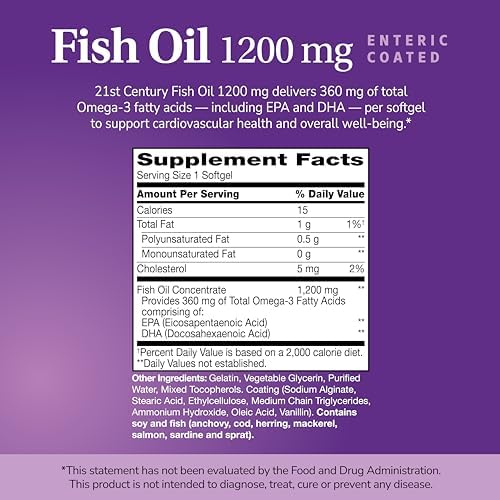 21st Century Fish Oil 1000mg Omega-3 Softgels, Mercury-Filtered, 120ct | Omega-3 Fish Oil with 300 mg EPA & DHA, Heart & Cardiovascular Health Support, Gluten Free, Non-GMO