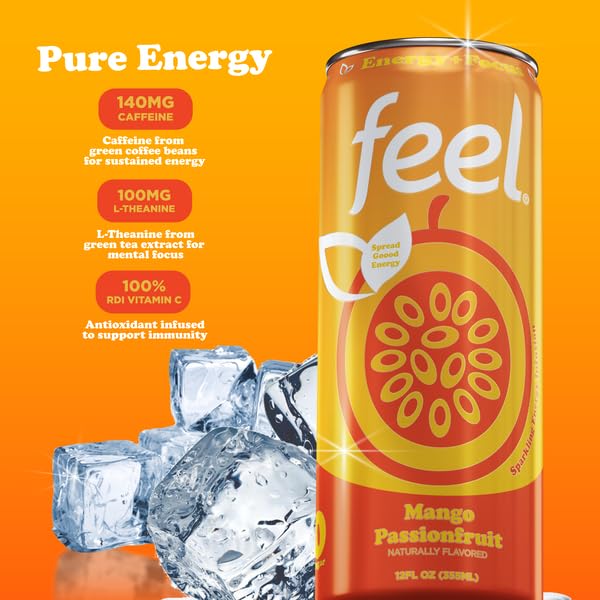 FEEL Variety Pack – Zero Sugar Sparkling Energy Drink – 3 Flavor Assortment, 140mg Plant-Based Caffeine from Green Coffee Beans + L-Theanine – Vitamin C, Vegan, Non-GMO – 12 Pack (12 Fl Oz Cans)