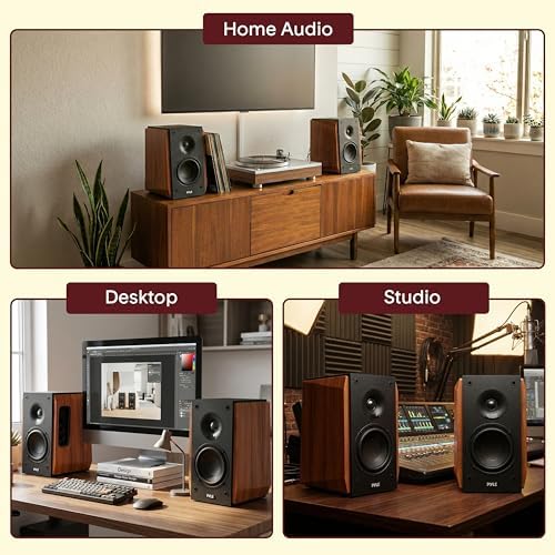 Pyle Powered Bookshelf Speaker System with Bluetooth, 80W Active Stereo Speakers, Bass Reflex Natural Wood Cabinet, Hi Def ARC, Optical, Coax, Subwoofer Out, for Entertainment, Studio (Pair)