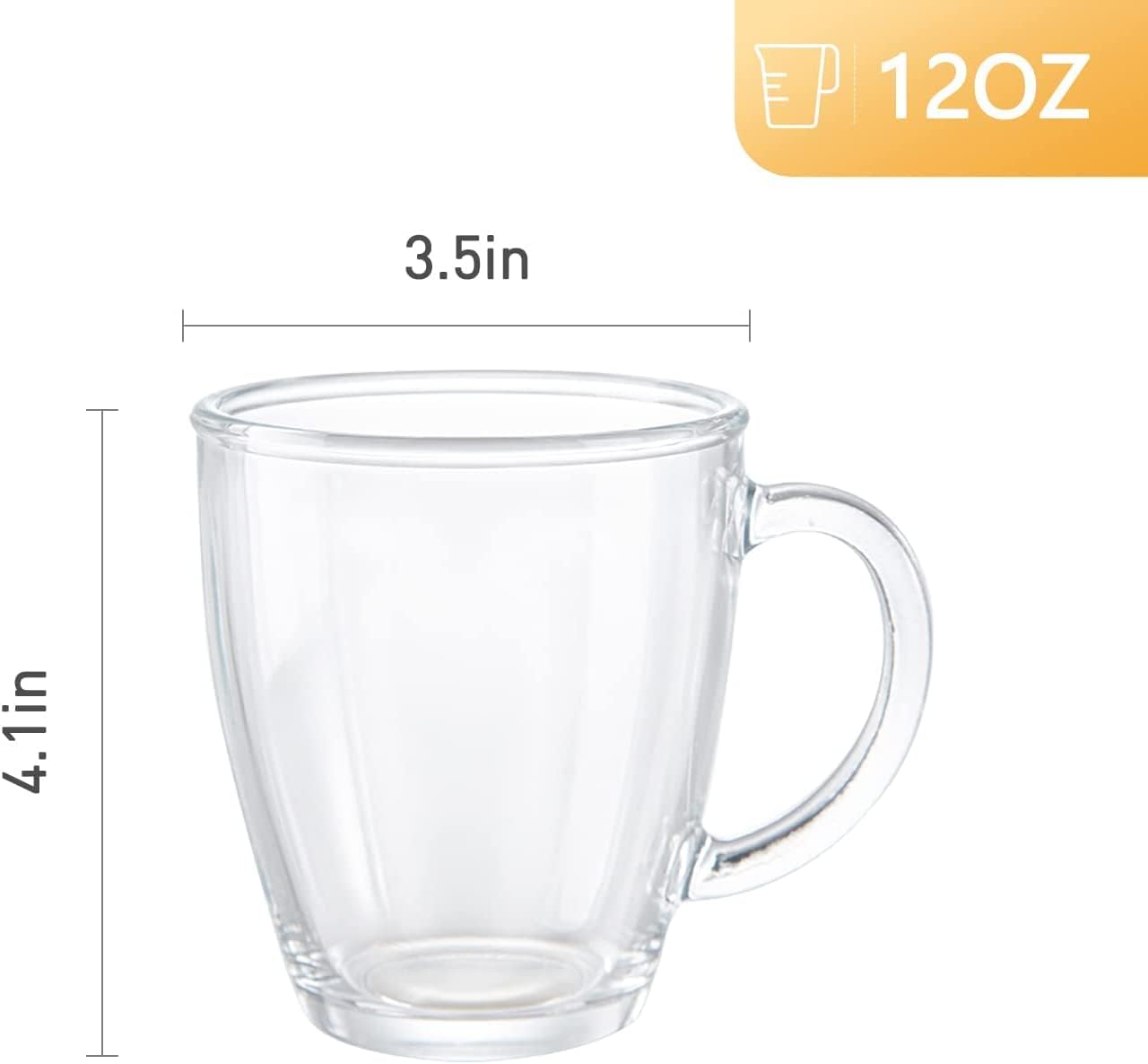 D.M DESIGN·MASTER [6 PACK, 12 OZ - Premium Glass Coffee Mugs with Handle. Transparent Tea Glasses for Hot/Cold Beverages