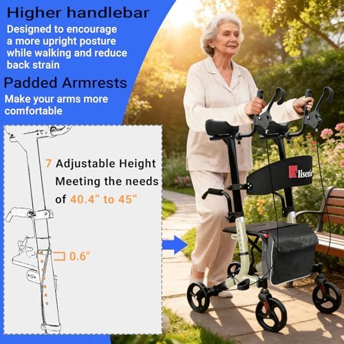 Aliseniors Upright Walker for Seniors - Big Stand Up Walker with Wide Seat, Foldable 4 Wheel All-Terrain Rolling Walker, Adjustable Armrests, 300lbs, Improves Posture & Reduces Back Strain | 20.6" Wide Seat, Foldable Rollator, 8" All-Terrain Wheels, Adju…