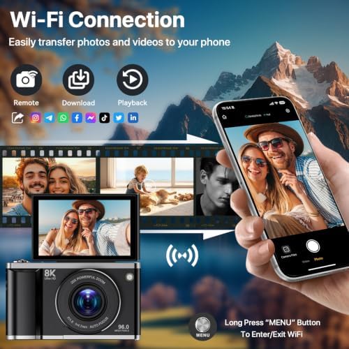 8K Digital Camera for Photography with WiFi 96MP Autofocus Vlogging Camera for YouTube Video 3.5'' 180°Flip Screen 20X Zoom Anti-Shake Compact