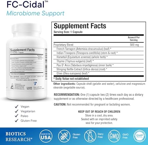 BIOTICS RESEARCH FC Cidal™ Herbal Blend Complete GI Gut Health for Women & Men- 500 mg/Serving - 7 Herbs Proprietary Blend Supplement Supports
