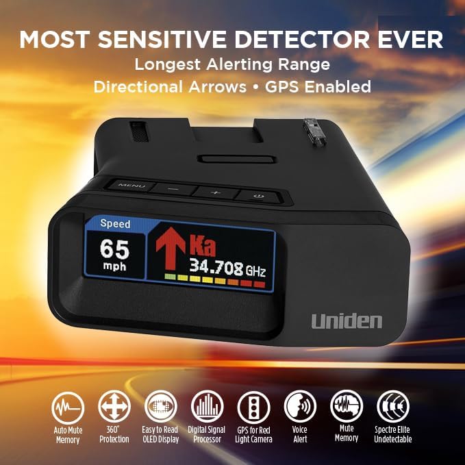 Uniden R7 Extreme Long-Range Laser-Radar Detector, Built-in GPS w/ Real-Time Alerts, Dual-Antennas Front & Rear w/Directional Arrows, Voice Alerts