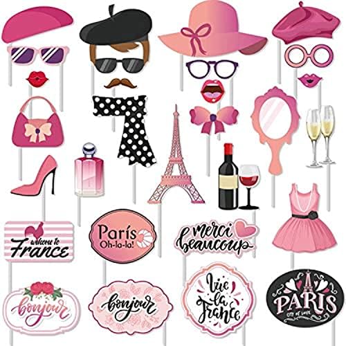 30 Pcs Paris Photo Booth Props Kit - Eiffel Tower Themed Decoration for Oh La La Baby Shower, Birthday, French Party Supplies