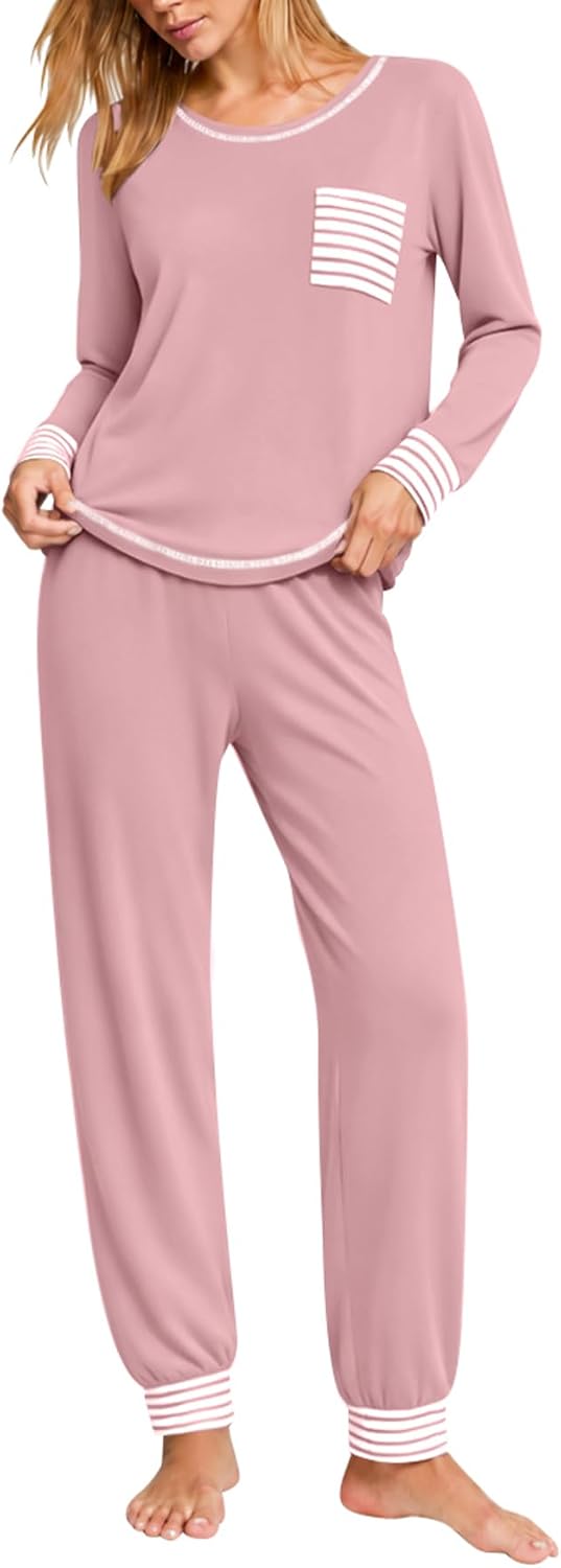SWOMOG Women’s Pajamas Set Long Sleeve Sleepwear with Long Pants Soft Modal Loungewear Pj Set
