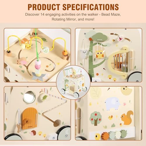 Pithfor Wooden Activity Cube Push Walker, Wooden Baby Walker, Montessori Push Toys for Babies Learning to Walk & Sit-to-Stand