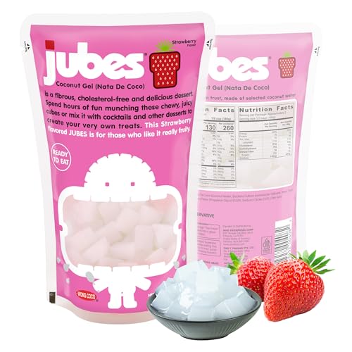 Jubes Strawberry Nata De Coco Jelly Cubes (12.7 oz, Pack of 3) - Strawberry Coconut Jelly Cubes for Sago - Coconut Gel in Syrup Toppings for Fruit Tea, Boba, Bubble Tea, Drinks, Desserts Yogurt, Ice Cream, Beverage