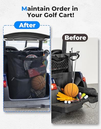 KEMIMOTO Mesh Shopping Storage Bag for 2-Passenger Golf Carts | Full Grocery Capacity, Shoulder Strap, Tool-Free Rear Mounting